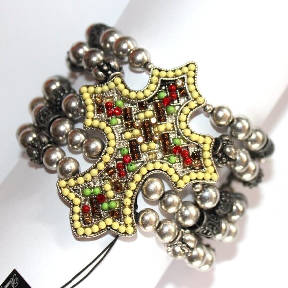 Bohemian Multicolor Crystal Beaded Cross Silver Chunky Wide Stretch Bracelet NWT - Picture 4 of 9
